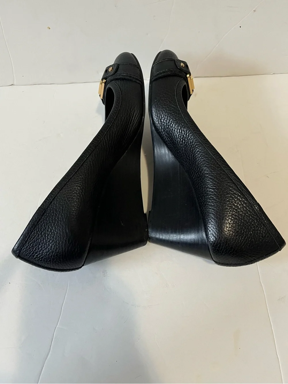 Tory Burch Black Leather Wedge Pumps with Gold Accent size 9M